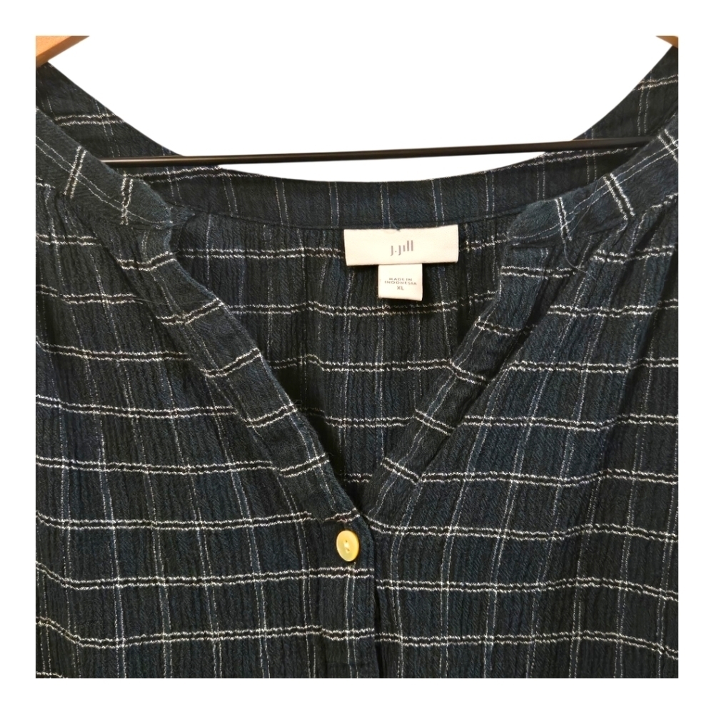 J. Jill Dark Green Windowpane Plaid Split Neck Button Blouse Size XL - Picture 3 of 8